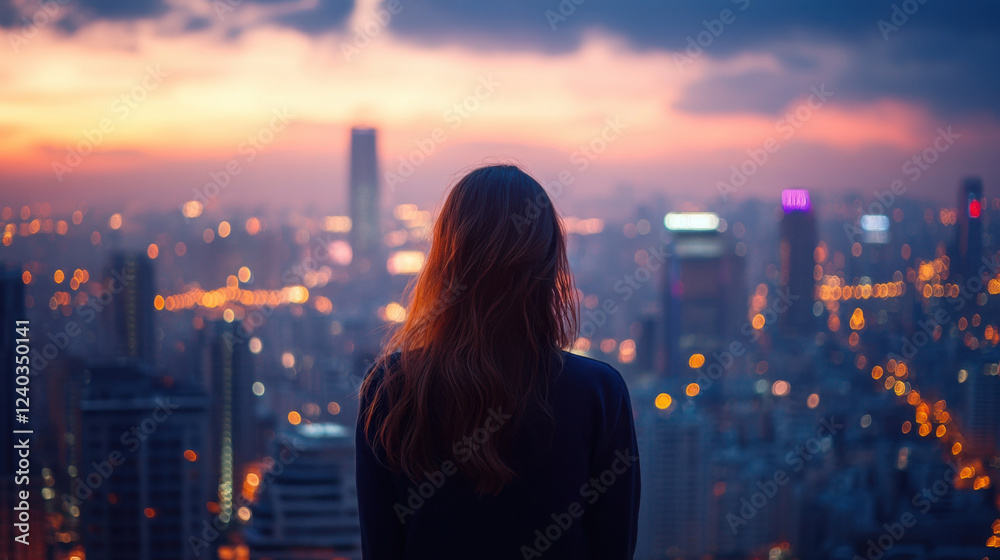 Fototapeta premium woman gazes out over vibrant city skyline at sunset, reflecting on beauty of urban landscape. warm colors of sky contrast with twinkling city lights, creating serene atmosphere