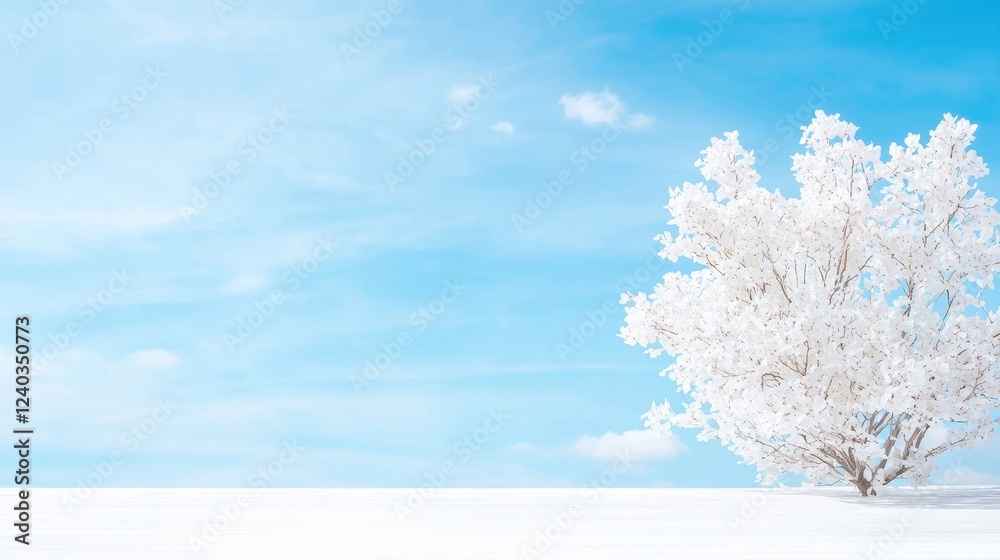 Fototapeta premium Snowy winter tree, serene sky, winter wonderland, peaceful background, ideal for nature or winter themes
