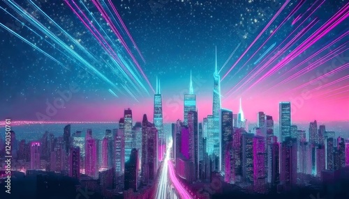 Wallpaper Mural A vibrant futuristic cityscape with neon lights, starry skies, and dynamic light beams, creating a captivating and energetic atmosphere. Torontodigital.ca