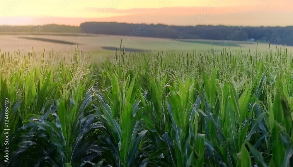 Fototapeta premium Lush green cornfield stretches towards the horizon under a picturesque sunset, showcasing nature's beauty and agricultural landscapes.