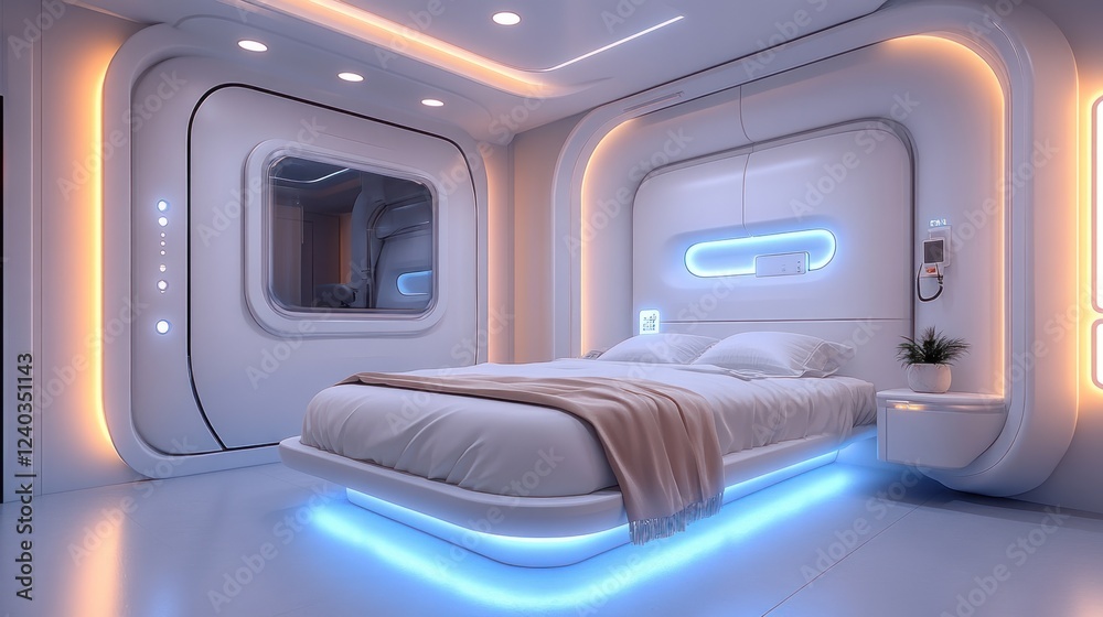 Fototapeta premium Futuristic Bedroom Design With Modern Minimalist Bed