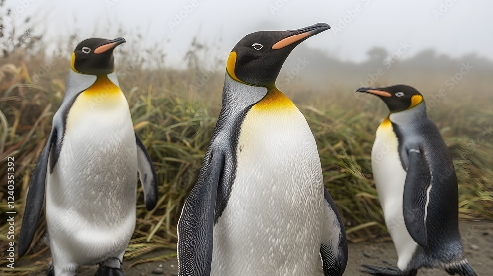 Fototapeta premium Majestic King Penguins in Foggy Antarctic Landscape