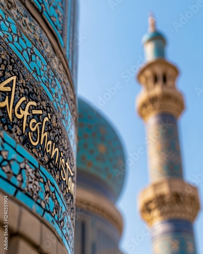 Golden Elegance Dari Calligraphy and Turquoise Patterns for Afghanistan Day - Cultural and Commercial Celebrations in Ethnic Art and Travel Promotion photo