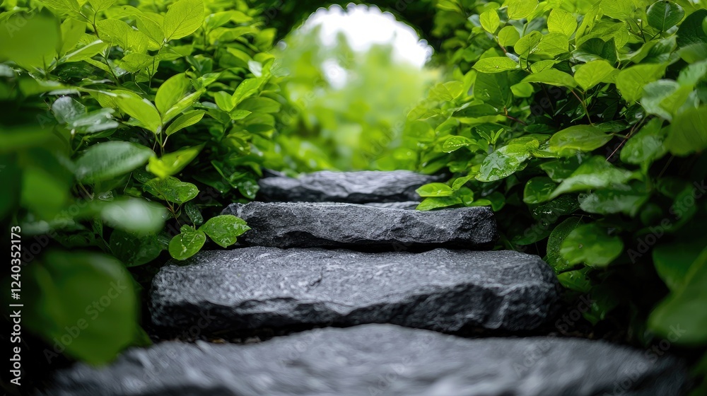 Stone steps through green hedge; garden path Stone steps through green hedge; garden path