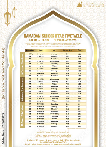 Editable Template for Ramadan Kareem 2025 Calendar with Sehri and Iftar Time 