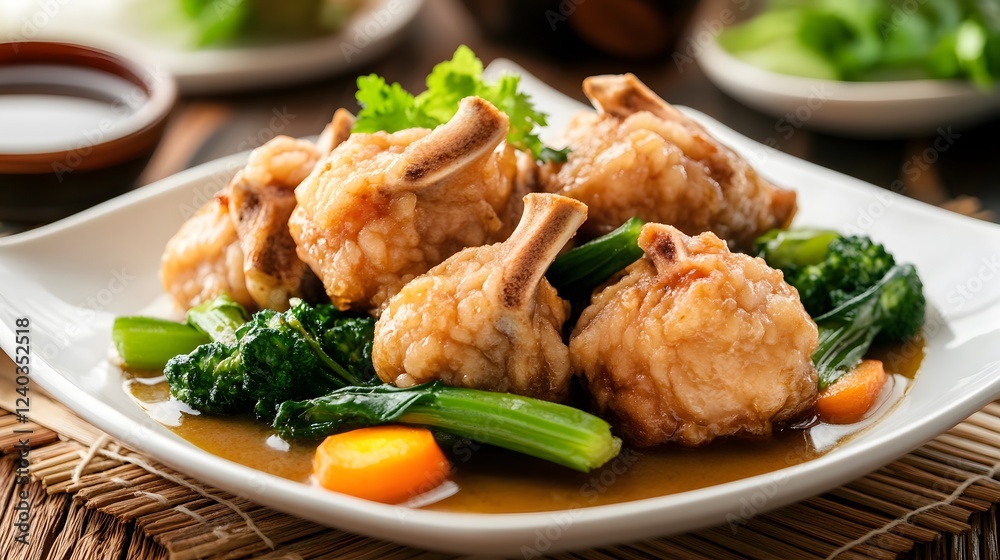 Delicious Crispy Pork Ribs with Bok Choy and Carrots in Savory Sauce Delicious Crispy Pork Ribs with Bok Choy and Carrots in Savory Sauce