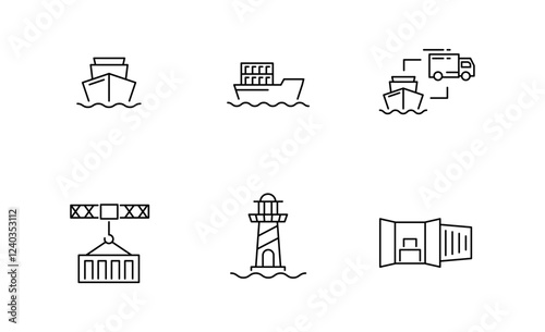 Set of Shipping industry and Logistic icon, ship, lighthouse, container Symbol Outline icon, Editable Stroke