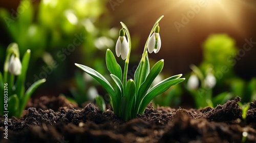 Snowdrop flowers growing in a garden with soft spring sunlight