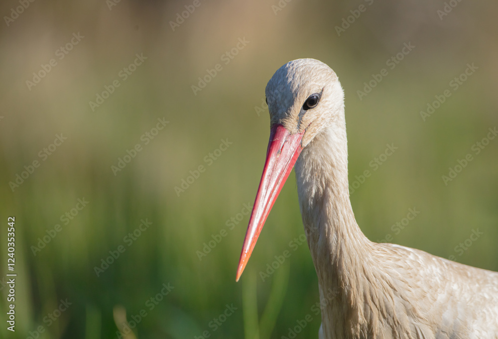 Fototapeta premium The white stork - at a wet fields in spring