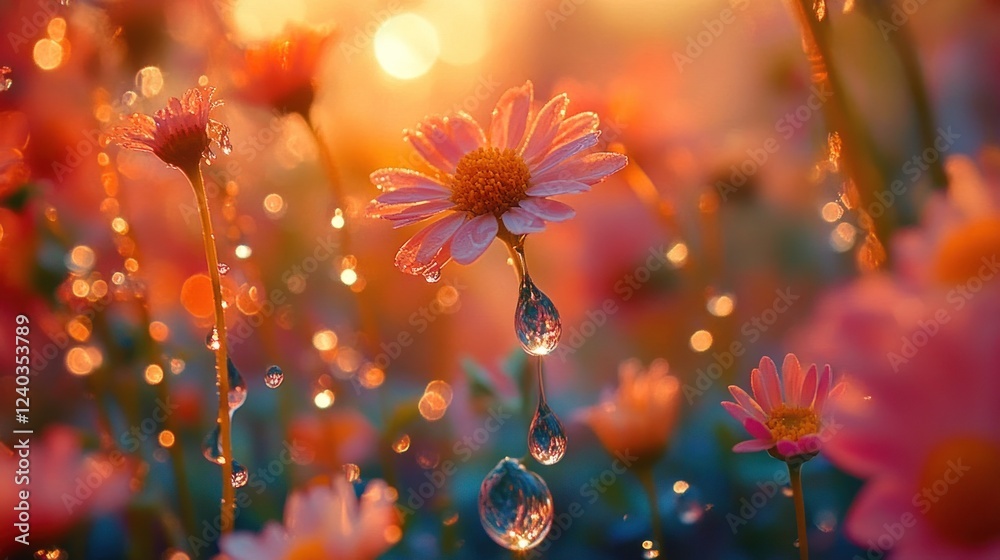 Dewdrops clinging to a pink flower in sunset light Dewdrops clinging to a pink flower in sunset light