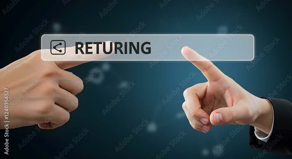 Finger pressing a button with text. Returning customer brand engagement and client loyalty or retention concept. Composite image between a hand photography and a 3D background. Finger pressing a button with text. Returning customer brand engagement and client loyalty or retention concept. Composite image between a hand photography and a 3D background.