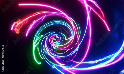 Swirling Neon Light Trails on Black Background