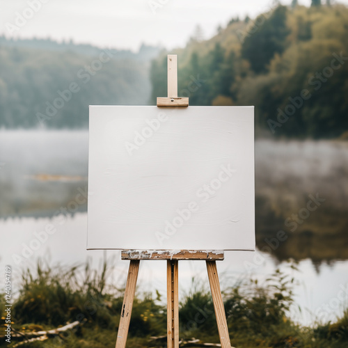 close up mockup white square primed blank canvas stands on wooden tripod against lake or river background, foggy morning