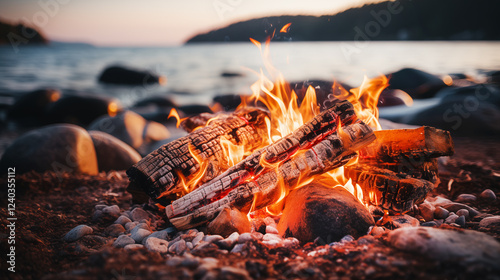 close up of burning firewood in the evening on a rocky river
