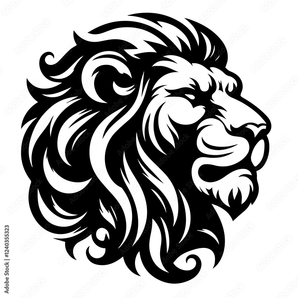 Fototapeta premium Black and white vector of a lion's head in profile, roaring.