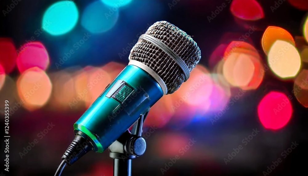 Obraz premium A close-up of a microphone on a stand, set against a blurred, colorful bokeh background, highlighting its metallic texture and vibrant color.