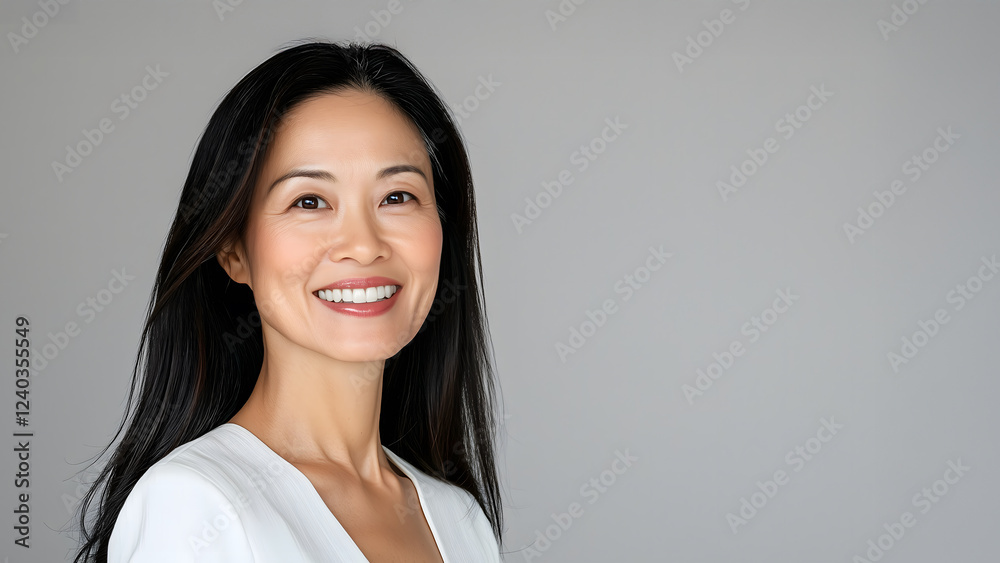 Beautiful middle aged Asian woman on grey background Beautiful middle aged Asian woman on grey background