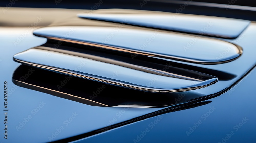 Polished chrome vents on classic car hood, reflecting sky Polished chrome vents on classic car hood, reflecting sky