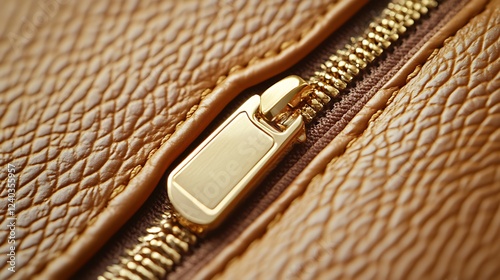 Gold zipper on brown leather. Fashion texture