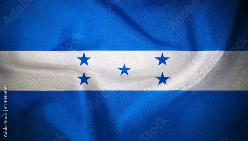 Waving flag of Honduras displaying its blue and white colors with five stars on a fabric background