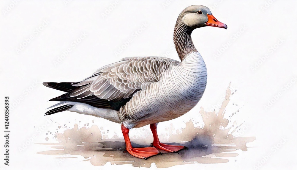 Obraz premium Goose standing upright in watercolor with soft colors on a white background