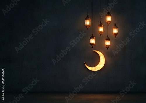 Ramadan Radiance Lantern-Lit Arabic Calligraphy with Crescent on Deep Textured Canvas - Cultural Festivity and Seasonal Decoration for Event Creators photo