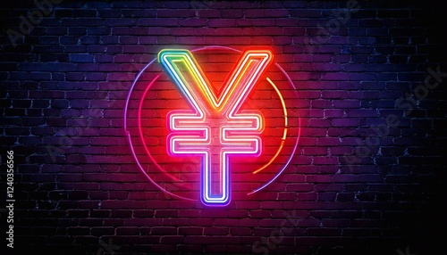 Neon display of Japan's currency symbol glowing against a dark brick wall