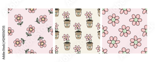 Set of floral seamless patterns with eco doodle flowers and plants