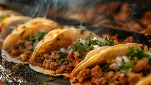 Closeup of Delicious Tacos with Meat and Toppings on a Griddle photo