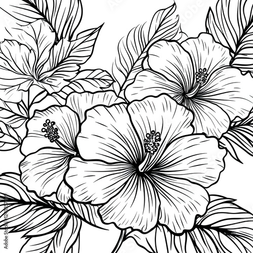 Simple Hibiscus Coloring Book Page Tropical Flowers and Leaves