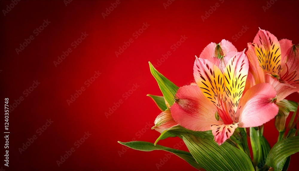 close up of Alstroemeria flower, red background, copy space close up of Alstroemeria flower, red background, copy space