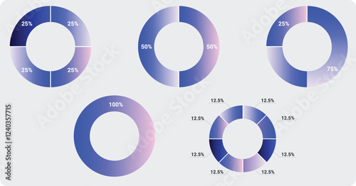 Pie charts, diagram, doughnut chart, segmented circles, circular graphics. Sunburst charts trees. Round chart wheel circular hub with different section donut pie business infographic template