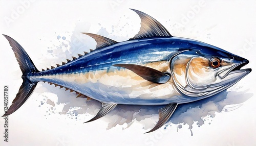 Vibrant tuna fish watercolor artwork showcasing detailed marine life on white background