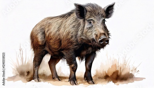 Wild boar stands on its paws showcasing watercolor art against a white background