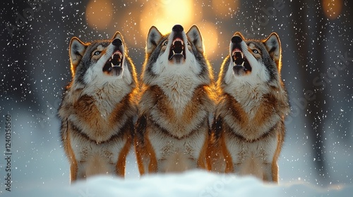 Three majestic wolves standing in the middle of a snowy landscape during a heavy snowstorm. photo