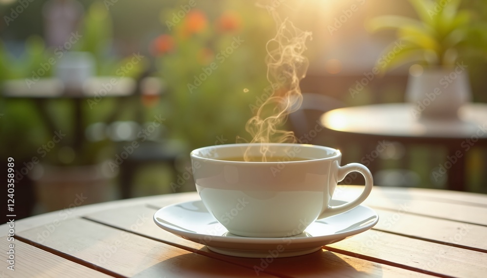 Obraz premium Steaming Detox Tea in Sunlit Garden, Promoting Relaxation and Wellness