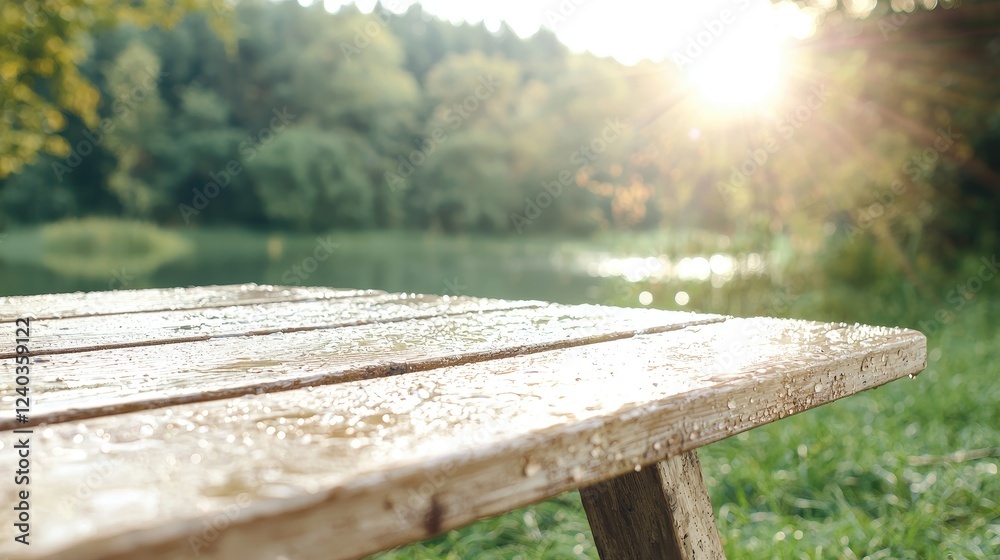 Wet picnic table by lake, sunset, nature background; product display Wet picnic table by lake, sunset, nature background; product display