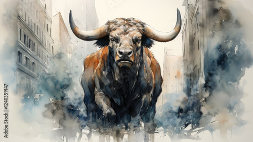 Large muscular bull running through clouds of dust on Wall Street. A symbol of rising market. Watercolor sketch, painting.
