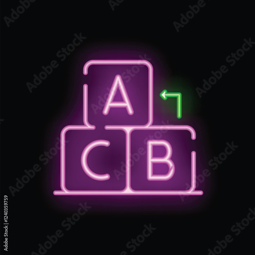 Neon sign illustrating alphabet blocks with a green arrow, symbolizing the concept of early childhood education and development