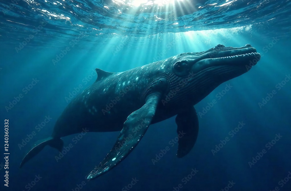 Fototapeta premium Humpback whale in the deep blue ocean with sunbeams
