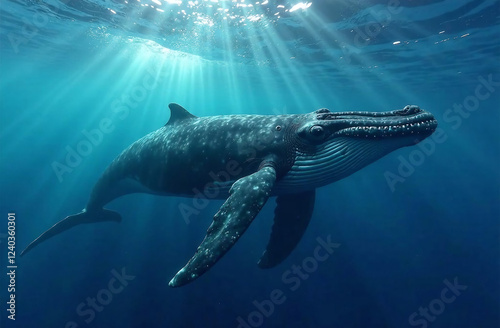 Humpback whale swimming in the deep blue ocean. Close up.