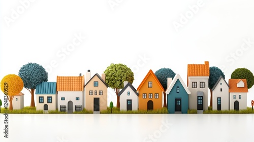 Colorful Pixelated Houses and Trees in a Row on White Background