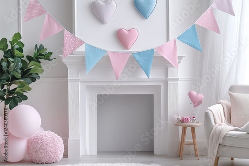 A bright and airy interior with pastel heart and bunting decorations, ideal for a baby shower or romantic event. photo