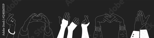 Doodle sketch hands up gestures comic icons silhouettes vector set. Group of line art fun comic hands in the air. Voting or happy congratulation audience recognition symbols.