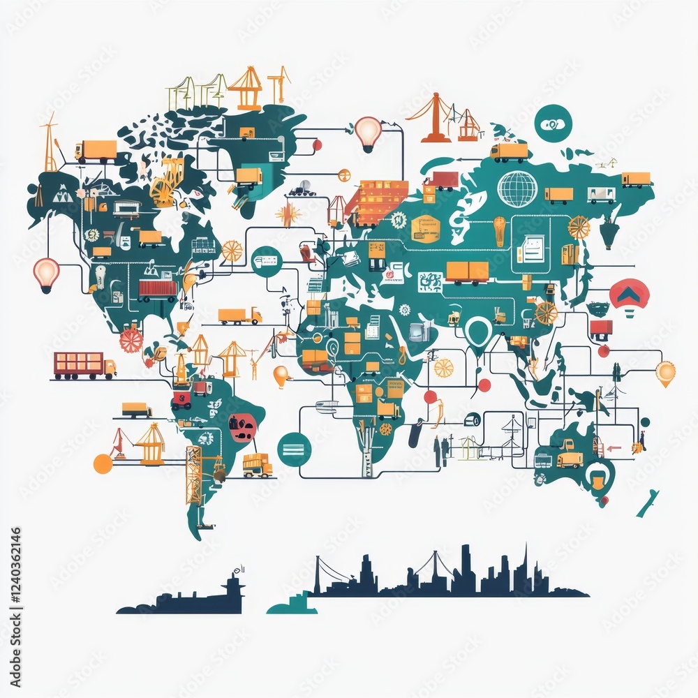 Naklejka premium Colorful World Map Infographic Depicting Global Transportation, Energy, and Connectivity Systems