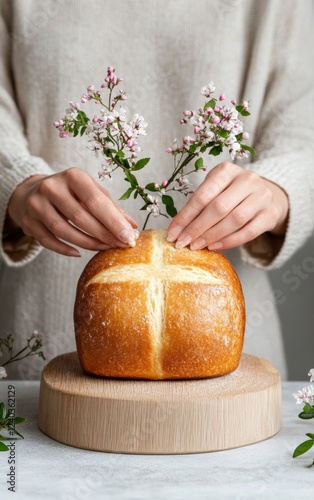 Elegant Easter Artisanry Rustic Bread with Blossoms on Wood - Spring Celebration and Market Season Inspiration for Culinary Arts and Hospitality Industry photo