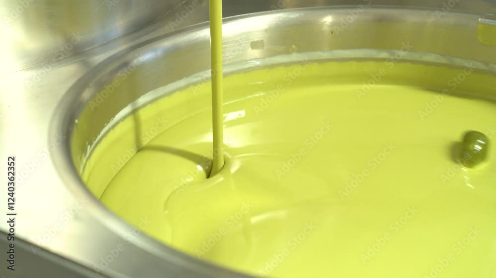 Pistachio cream mixing in large pot in commercial kitchen