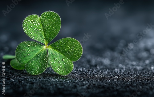 Close-up of a three-lobed green clover leaf with water droplets adding freshness and sparkle. The dark and blurred background highlights the brightness and details of the leaf. photo