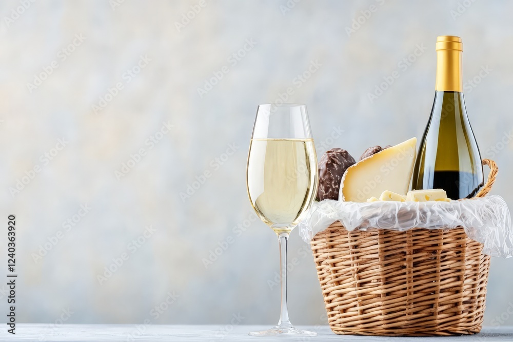 A wicker basket filled with gourmet cheese, chocolate, and a bottle of white wine, paired with a glass of wine against a soft, neutral background. A wicker basket filled with gourmet cheese, chocolate, and a bottle of white wine, paired with a glass of wine against a soft, neutral background.