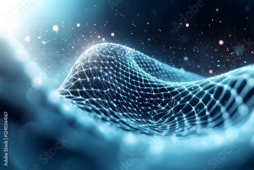 Abstract 3D Wave Pattern with Glowing Particles and Digital Mesh
